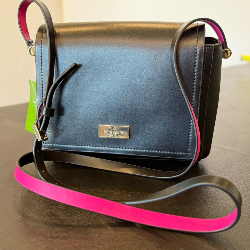 NWT Kate Spade Avva Arbour Hill Leather Crossbody Flap Purse Black/Pink